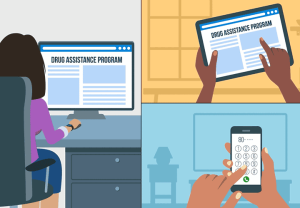 Illustration of 3 people interacting with HealthWell's drug assistance program resources by desktop, tablet, and smartphone.