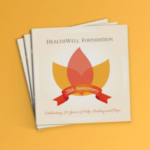 Stack of HealthWell Foundation 20th anniversary booklets.